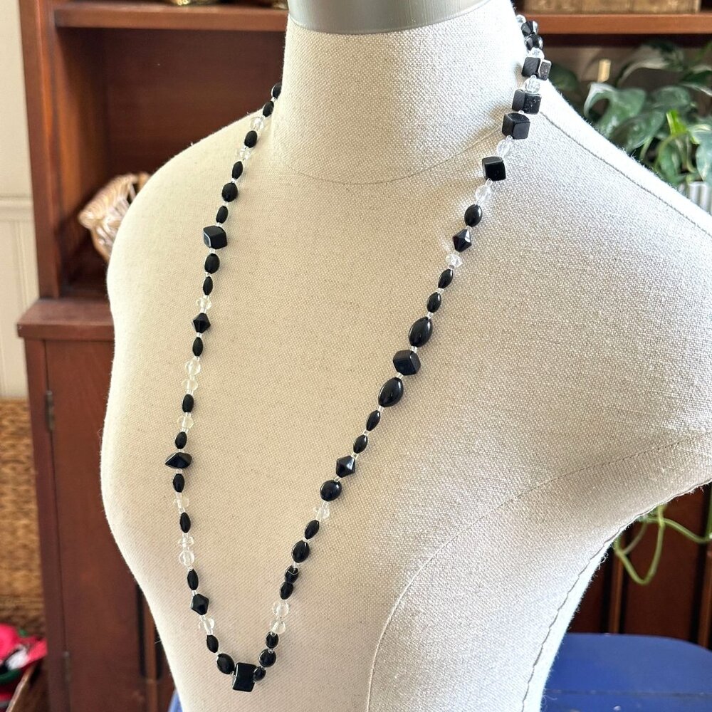 Long 32" Handmade Black & Clear Glass Bead Necklace with Geometric Shapes